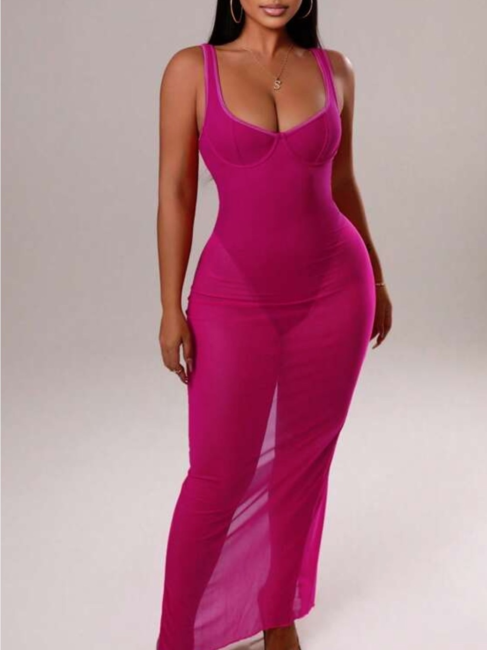Fuchsia Sheer Maxi Bodycon Dress